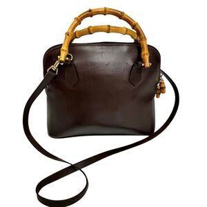 Gucci Women's Authentic Brown Leather Bamboo Double Handle Crossbody Handbag